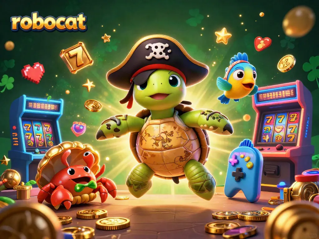 Spin slot reels and win big in this robocat-themed 3D casino illustration.