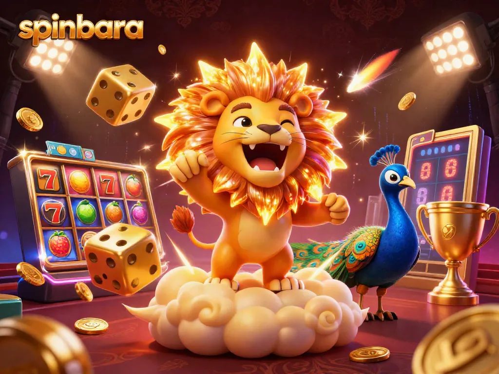 Winning at spinbara with colorful slots, dynamic golden dice, and thrilling casino elements.