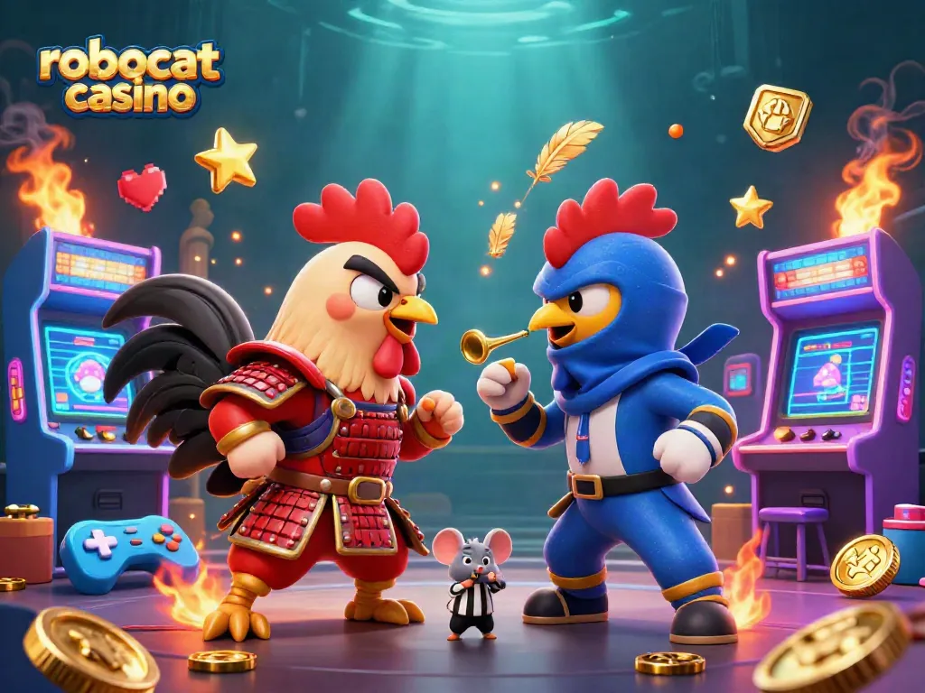 Compete in robocat casino with dynamic standoff of roosters in vibrant gaming scene.