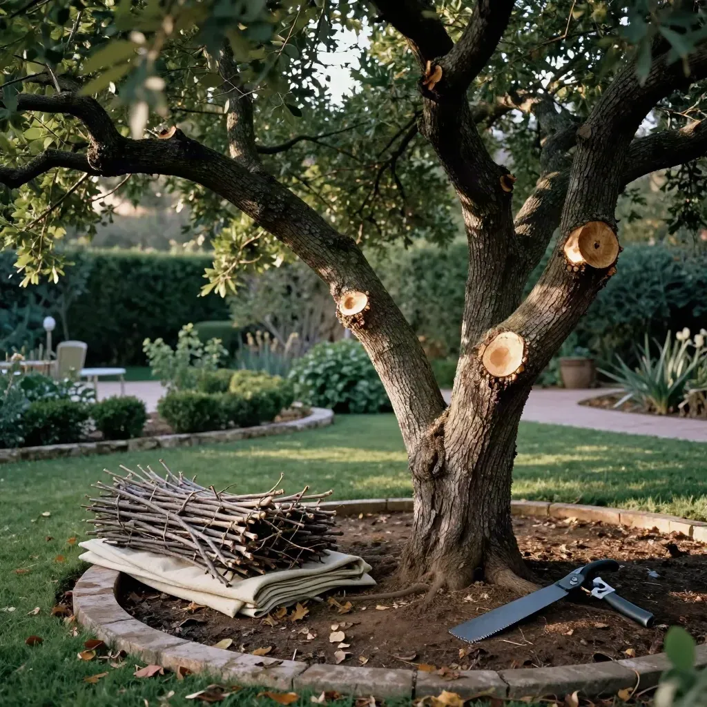Encina podada con copa aireada, ramas finas sobre lona y luz suave en un jardín.