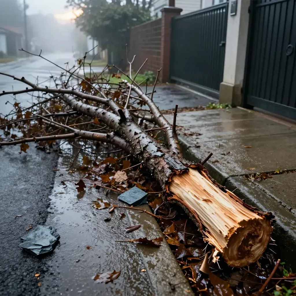 Acceso despejado tras tormenta con ramas apiladas, tronco partido y hojas mojadas junto al portón.