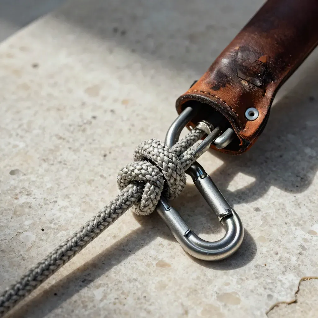 Set de trepa de arborista con cuerda trenzada, mosquetón y funda de sierra sobre travertino.