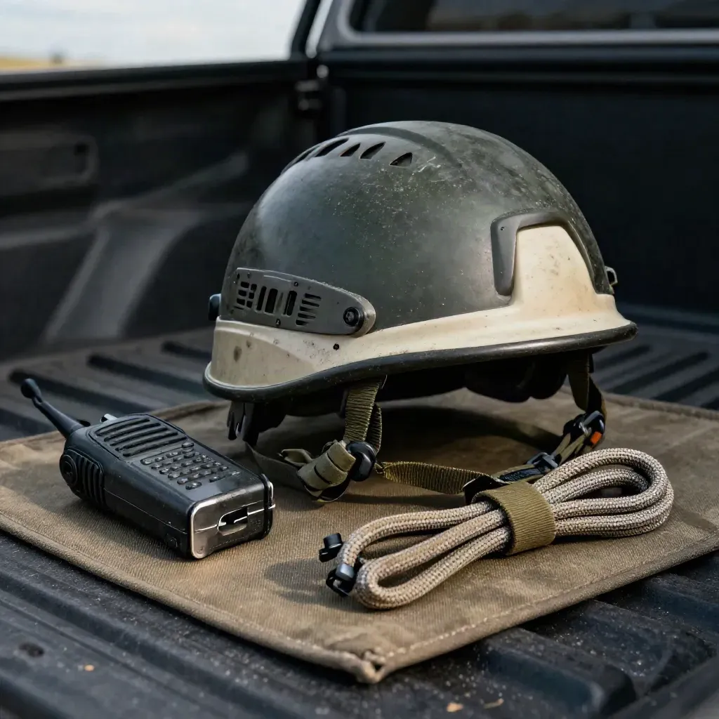 Casco forestal, radio, portaclips y cuerda doblada sobre una base de trabajo.
