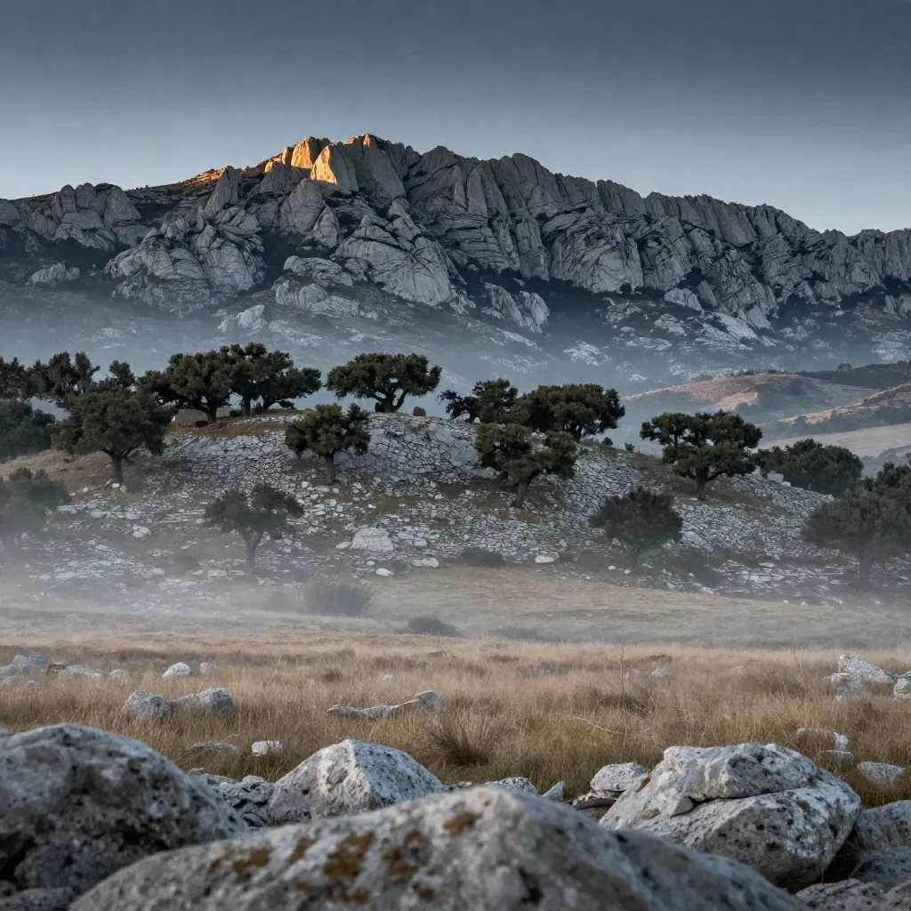 Sierra de Guadarrama al amanecer, con niebla en el valle y encinar sobre granito