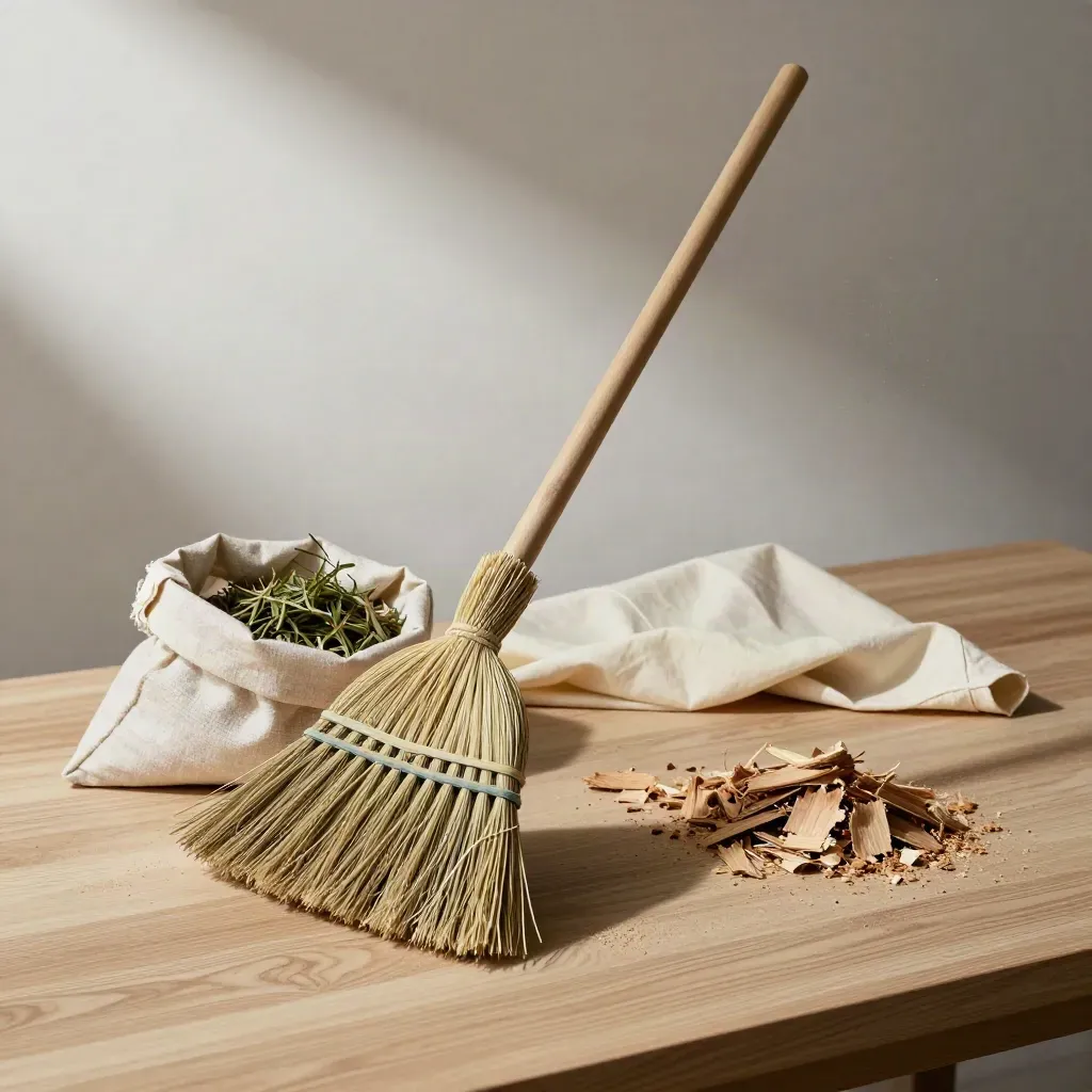 Escoba, saco de restos, lona limpia y virutas barridas sobre banco de madera clara.