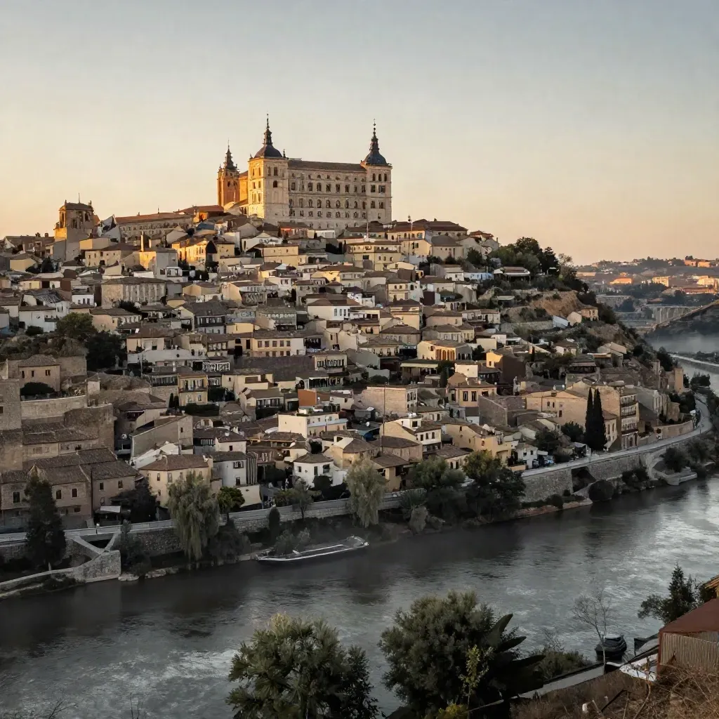 Vista dorada de Toledo sobre el Tajo con el casco histórico elevado y la vega en calma.