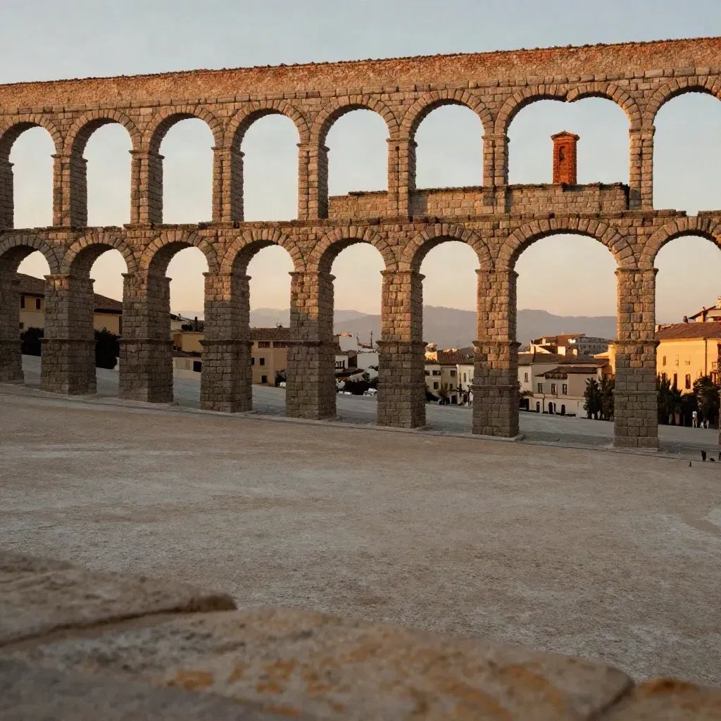 Acueducto de Segovia al atardecer sobre piedra dorada y bruma.