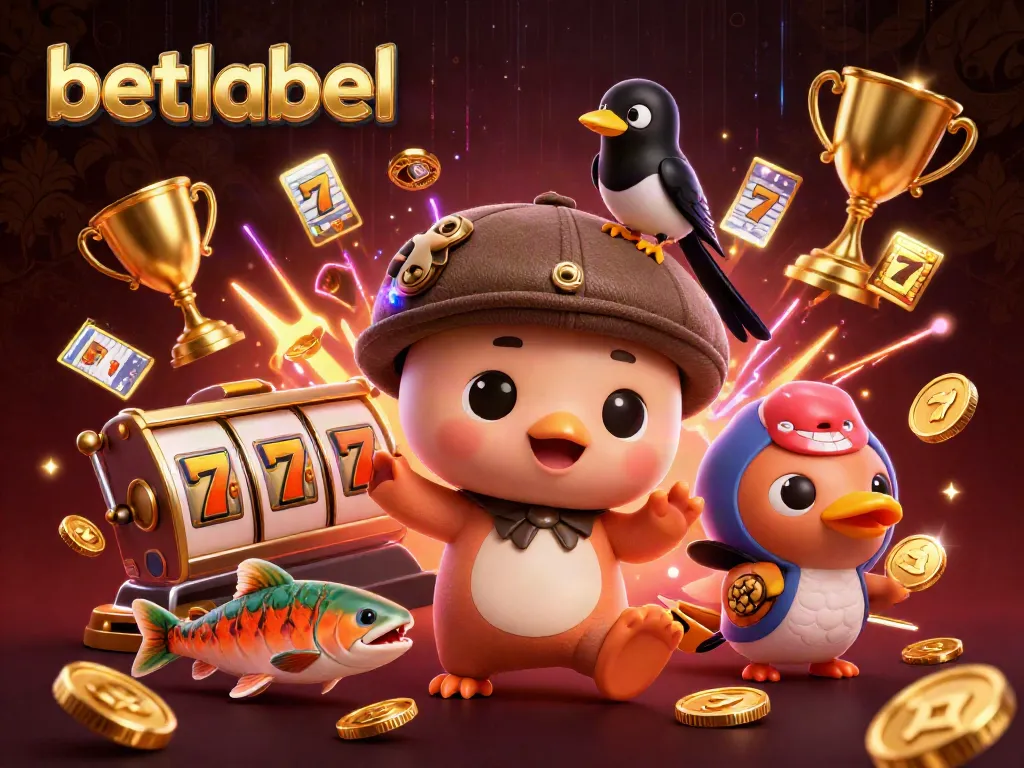 Engaging betlabel illustration featuring cute 3D characters in a lively casino setting with vibrant elements.