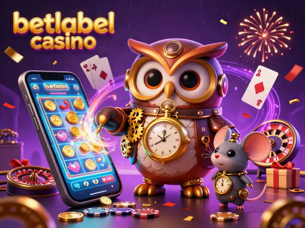 Experience the vibrant joy of betlabel casino with a 3D illustration of a playful time-traveler owl amidst casino games.